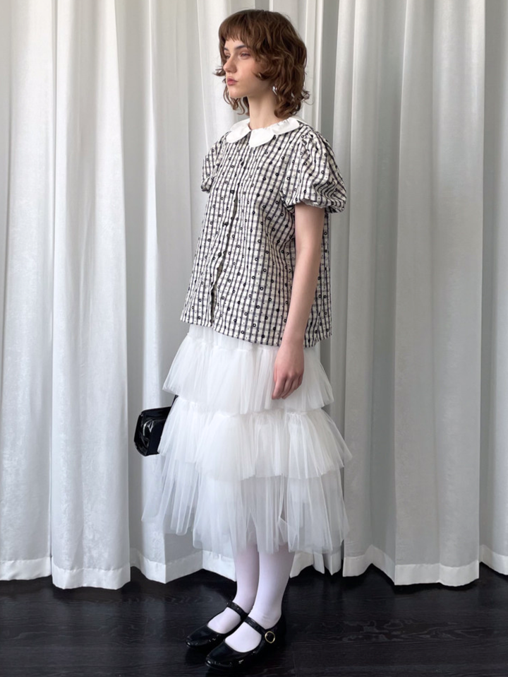 【Loose Smell】Petal Collar Floral Check Blouse