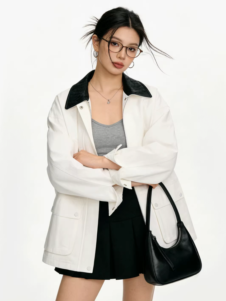 Contrast Leather Collar Jacket