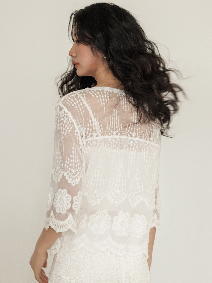 Sheer Floral Lace Cardigan Blouse