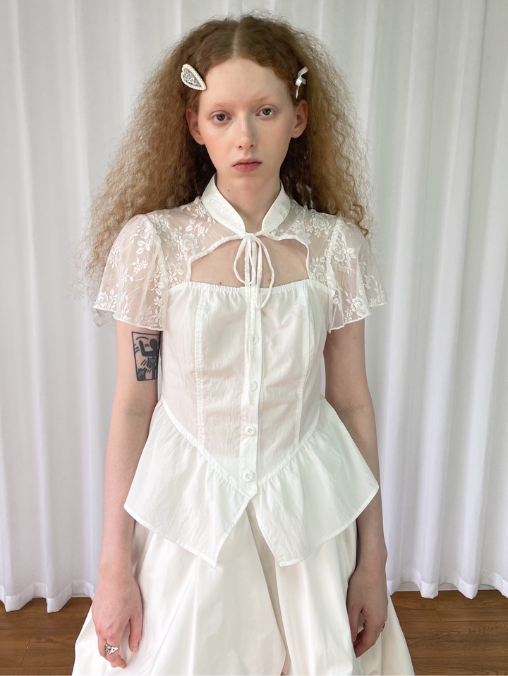 【Loose Smell】Lace Yoke Peplum Blouse
