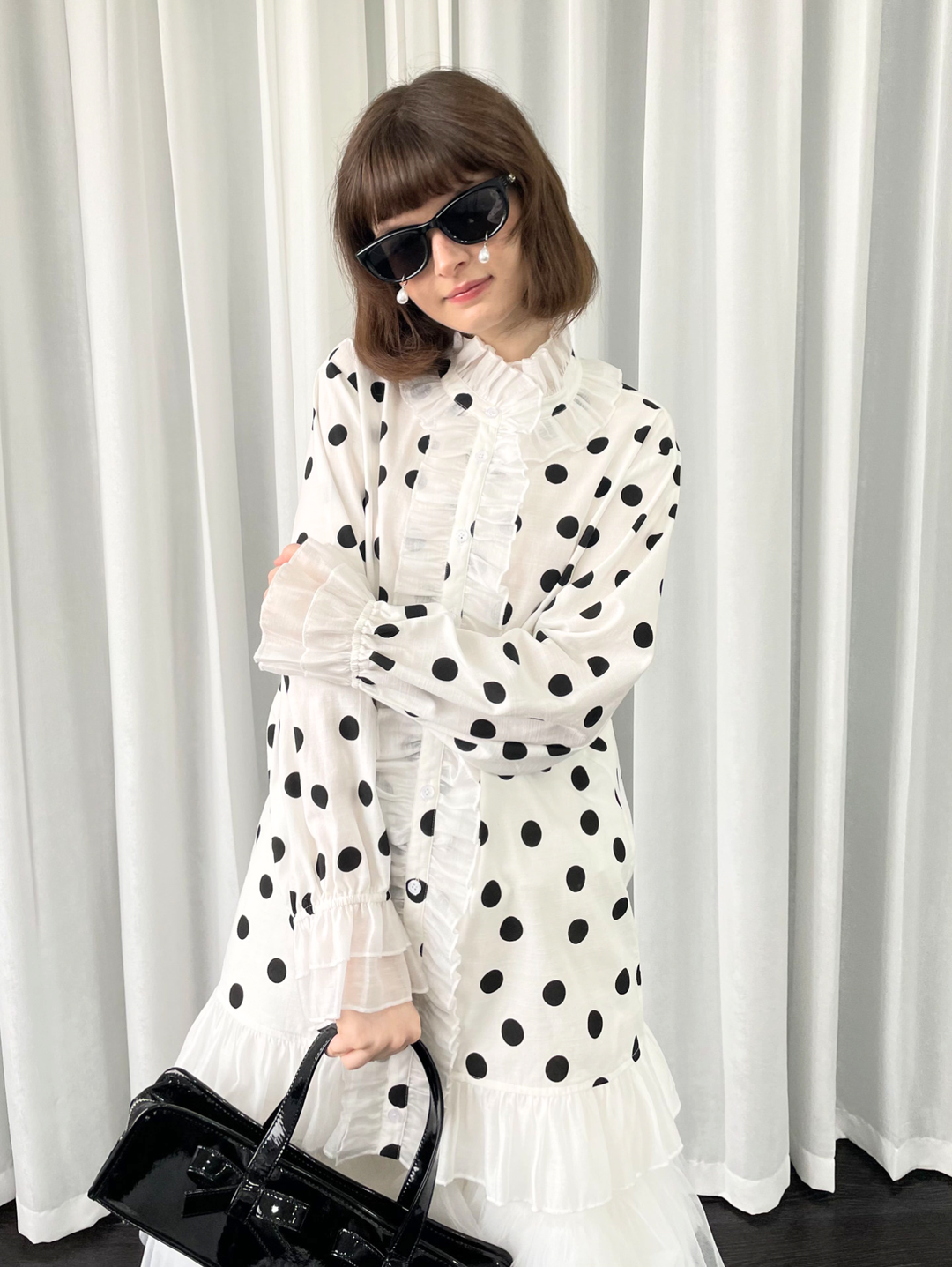 【Loose Smell】Polka Dot Frill Stand Collar Blouse