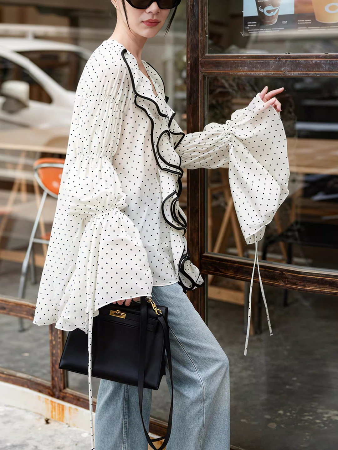 Polka Dot Contrast Frill Blouse