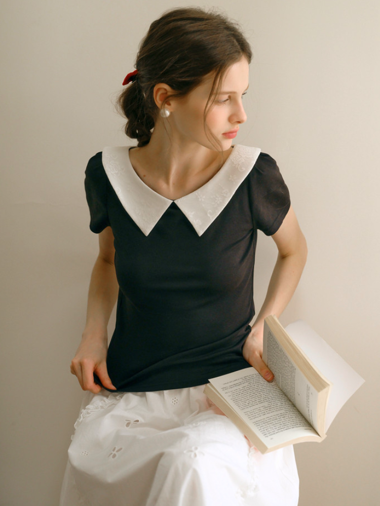 Embroidered Collar Top