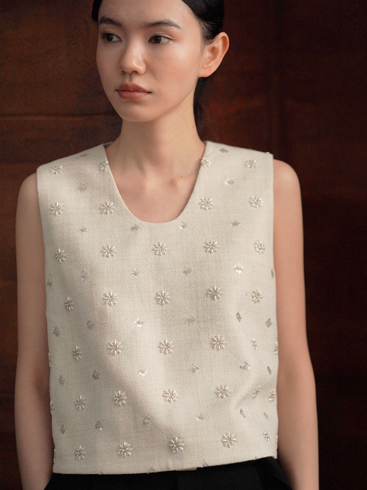 Floral Beaded Tweed Top