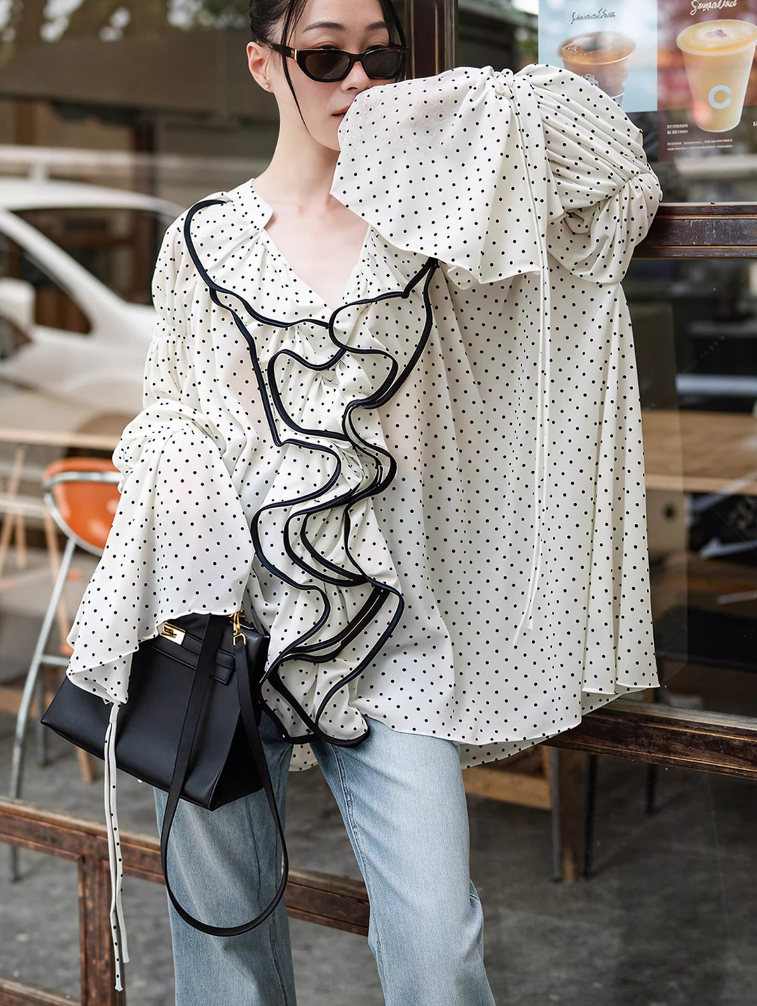 Polka Dot Contrast Frill Blouse