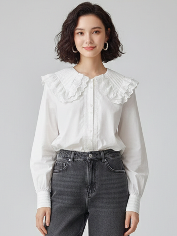 Tucked Lace Collar Blouse