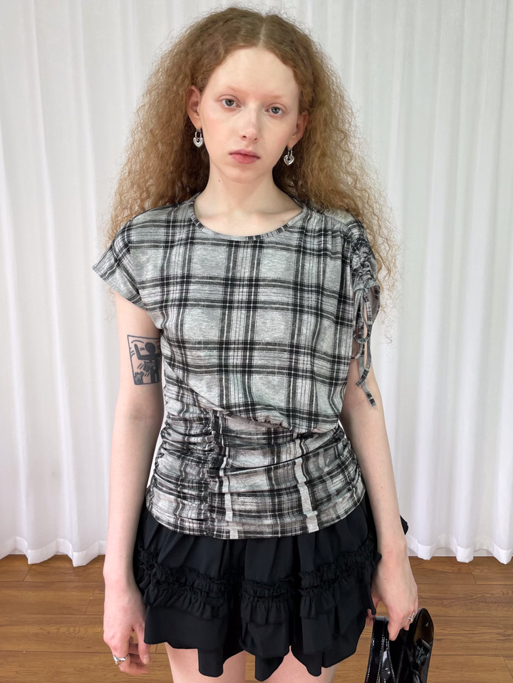 【Loose Smell】Drawstring Check Shirring Top