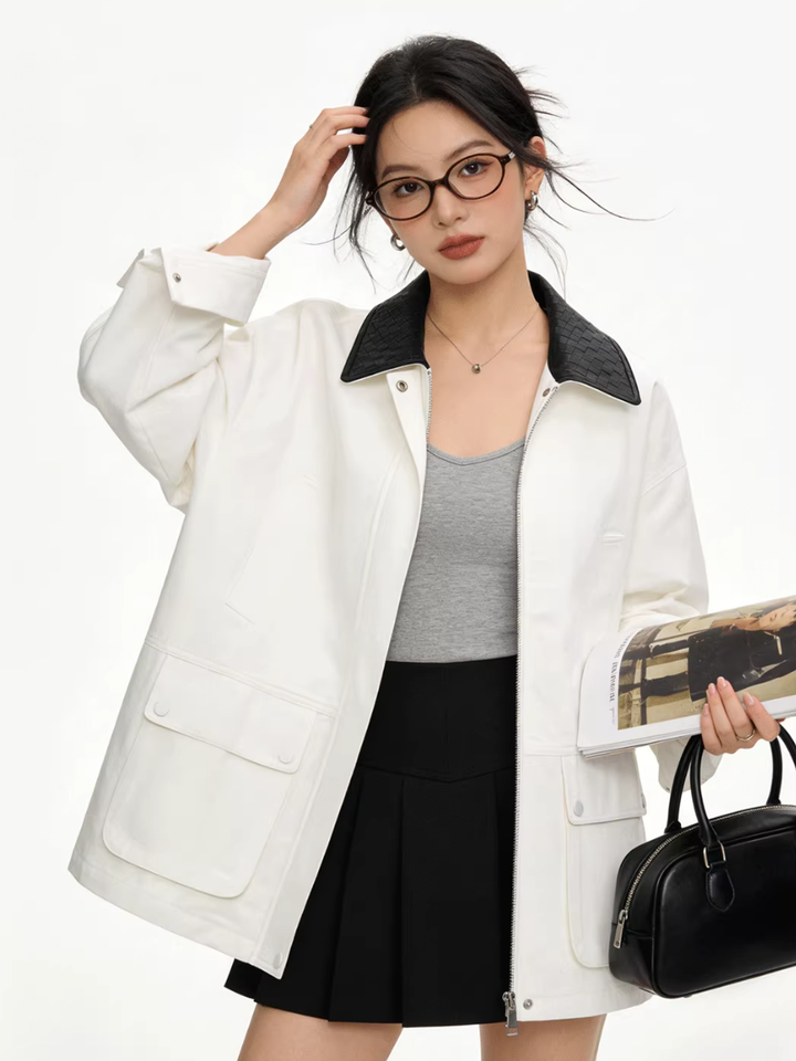 Contrast Leather Collar Jacket