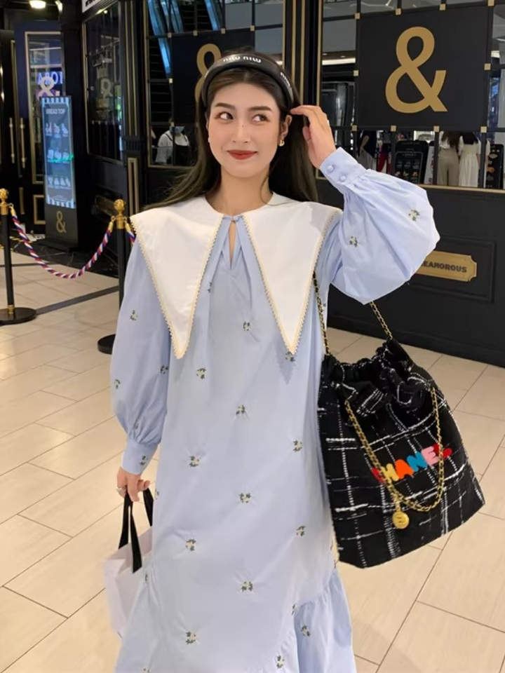 Embroidered Sailor Collar Shirt Dress