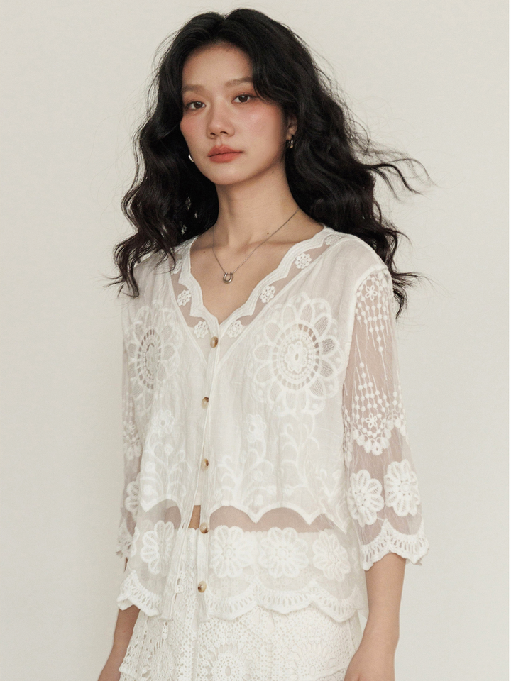 Sheer Floral Lace Cardigan Blouse