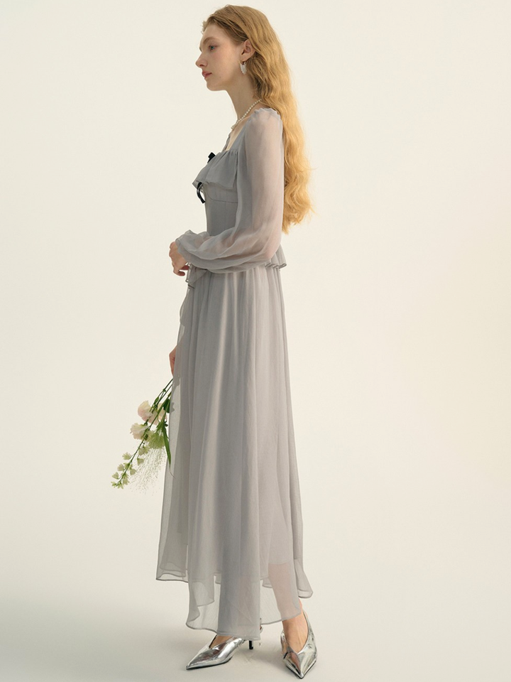 Sheer Ribbon Frill Dress