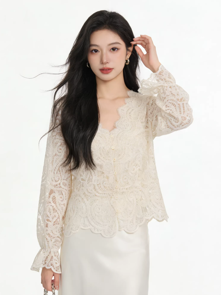 Scalloped V-Neck Lace Blouse