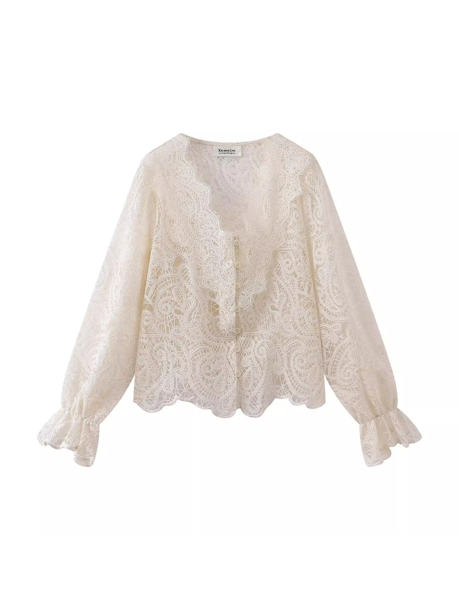 Scalloped V-Neck Lace Blouse