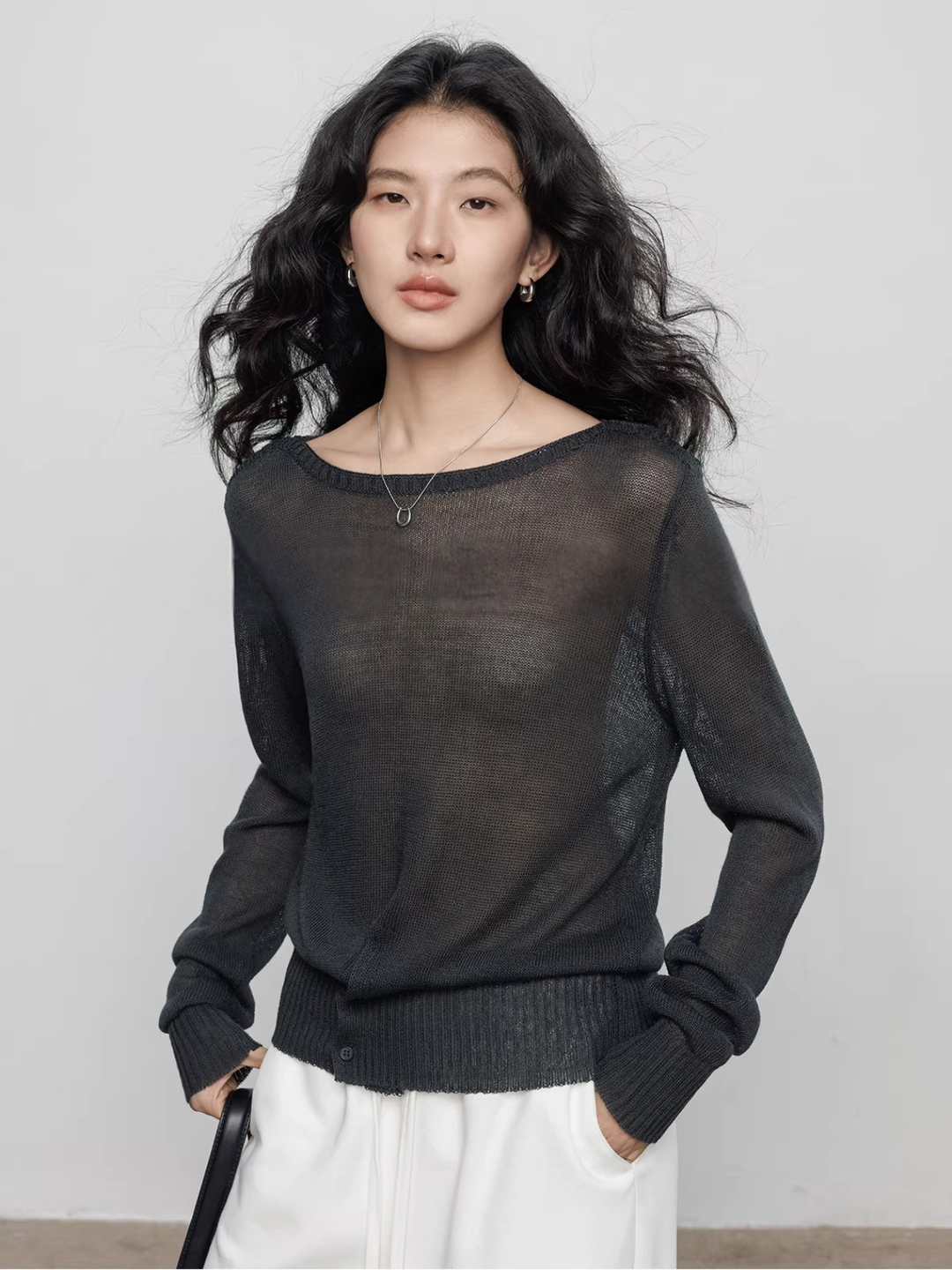 Front Slit Sheer Knit Top