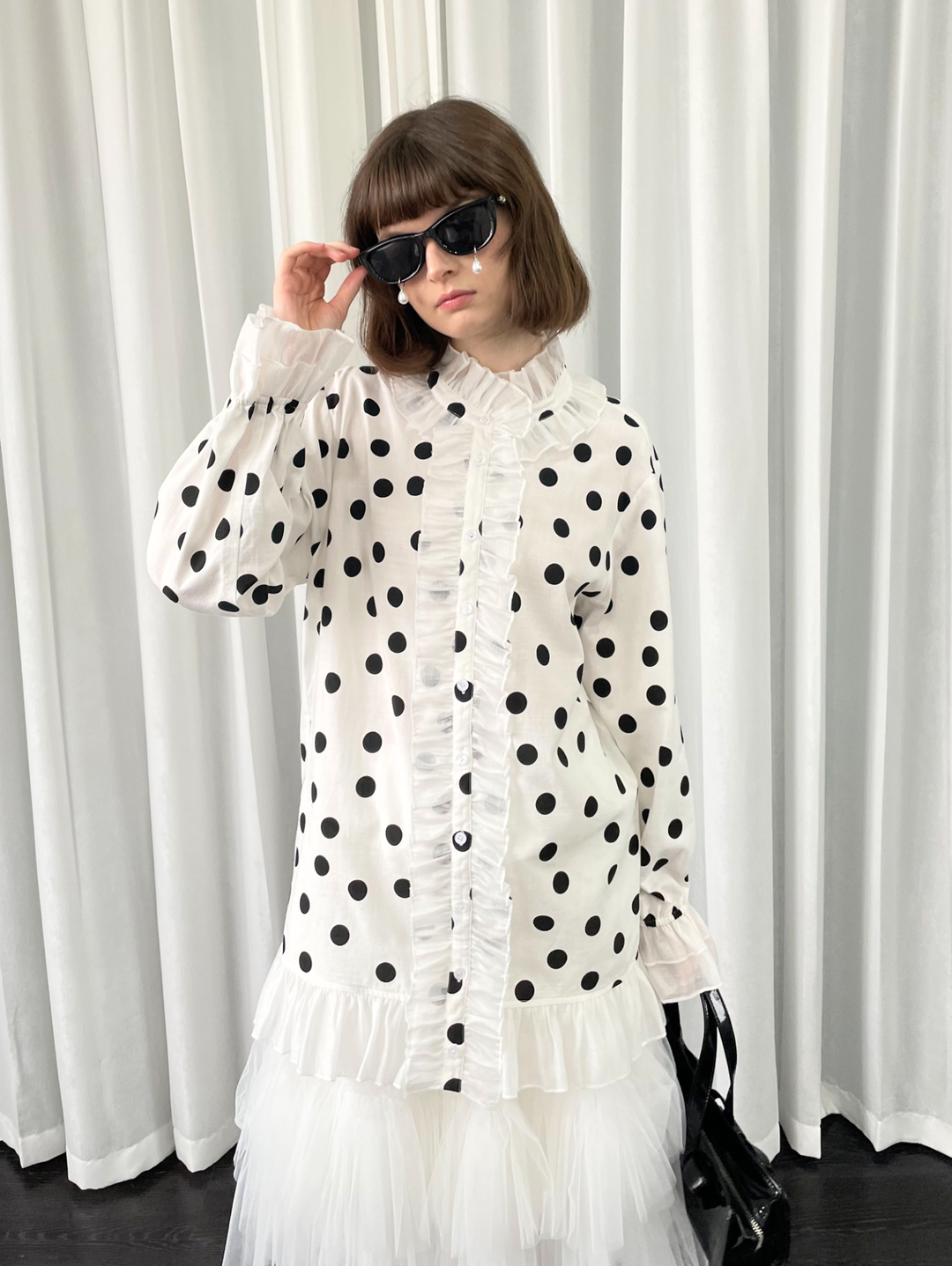 【Loose Smell】Polka Dot Frill Stand Collar Blouse