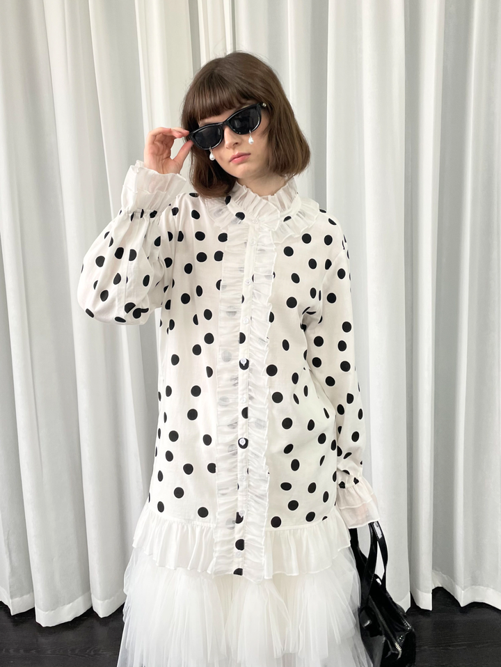 【Loose Smell】Polka Dot Frill Stand Collar Blouse
