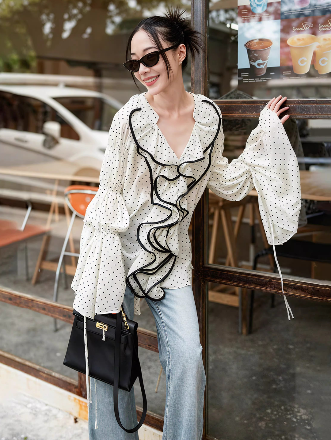 Polka Dot Contrast Frill Blouse