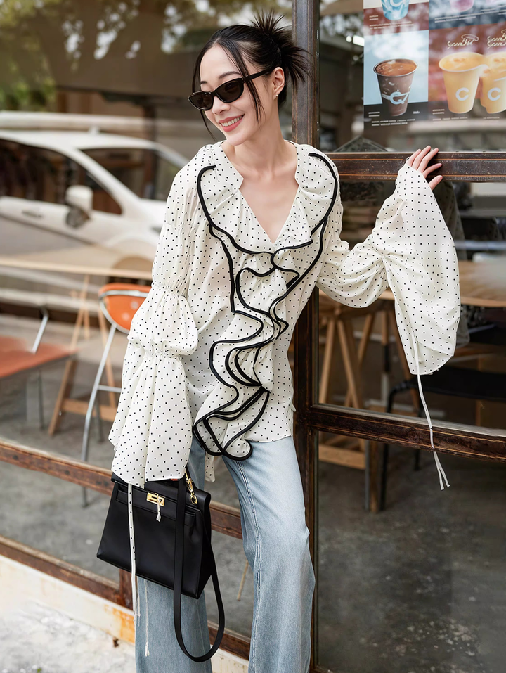 Polka Dot Contrast Frill Blouse