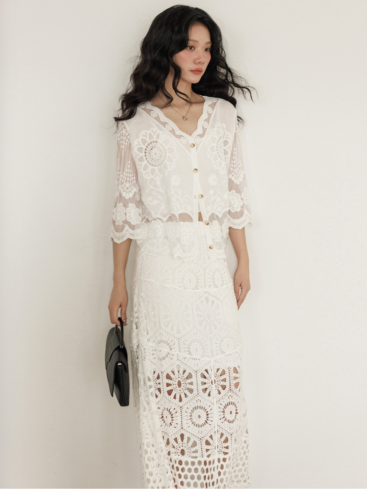 Sheer Floral Lace Cardigan Blouse