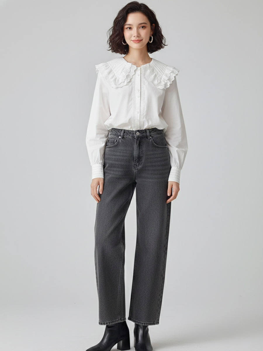 Tucked Lace Collar Blouse