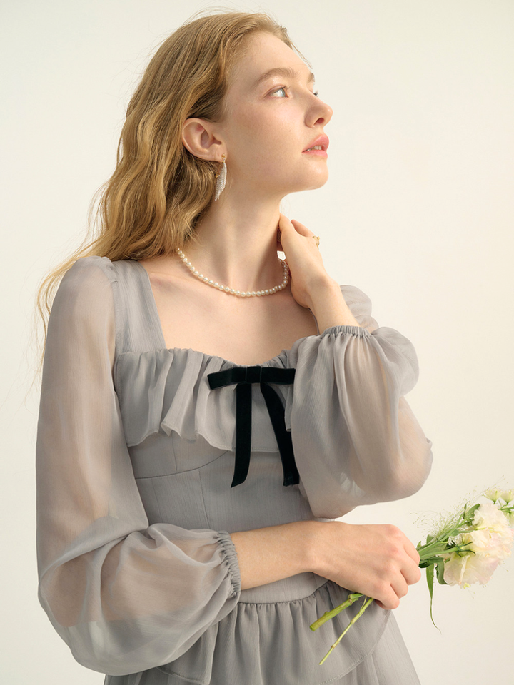 Sheer Ribbon Frill Dress