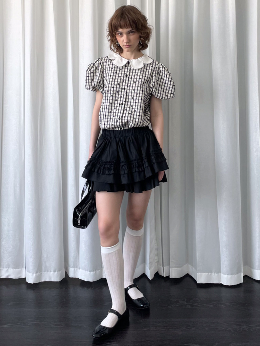 【Loose Smell】Petal Collar Floral Check Blouse