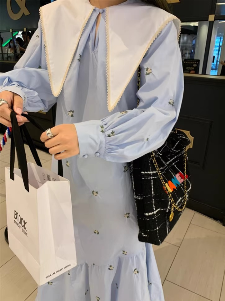 Embroidered Sailor Collar Shirt Dress