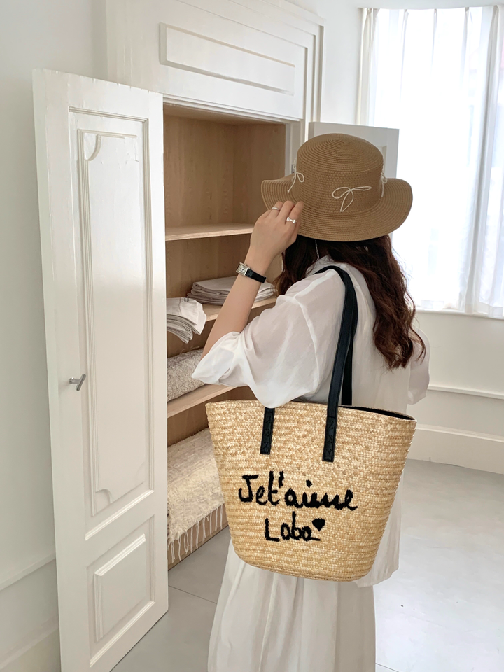 Je t’aime Logo Straw Tote Bag