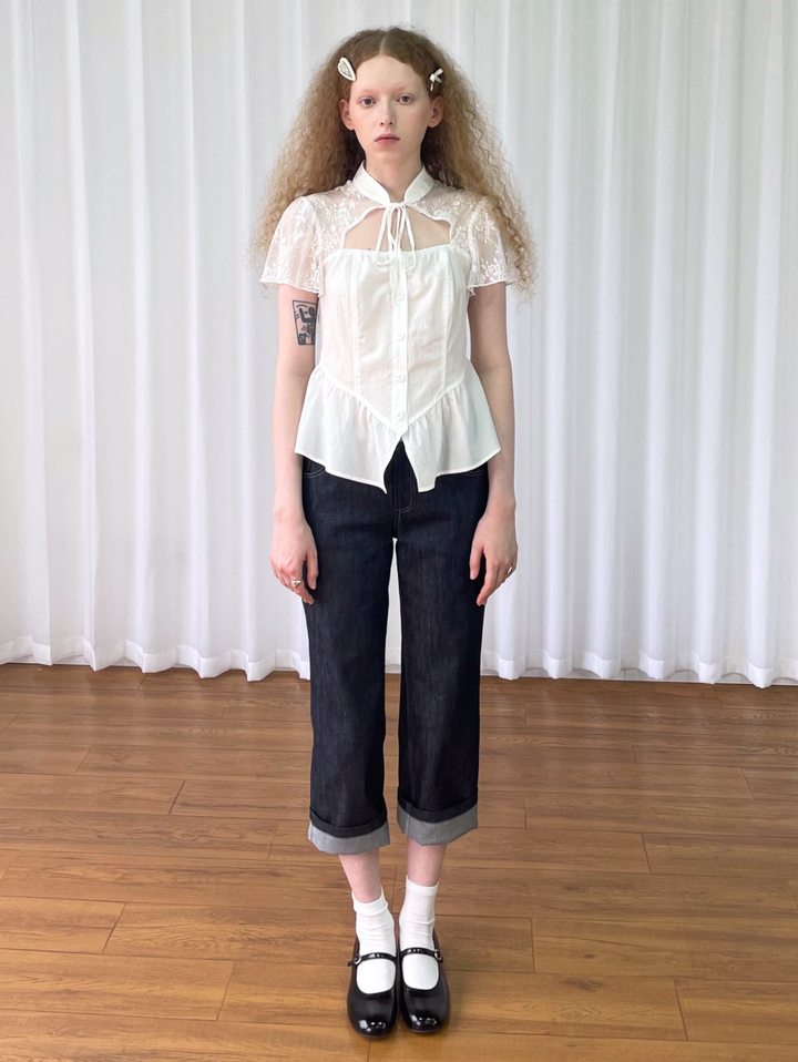 【Loose Smell】Lace Yoke Peplum Blouse