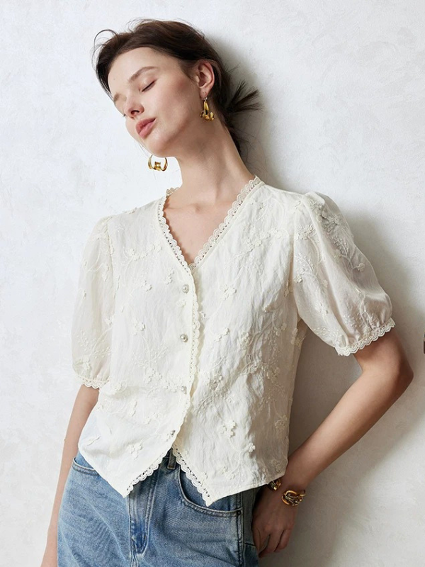 Embroidered Soft V-Neck Blouse