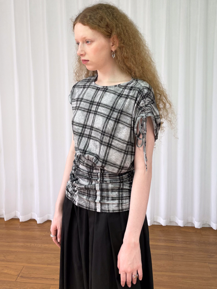 【Loose Smell】Drawstring Check Shirring Top