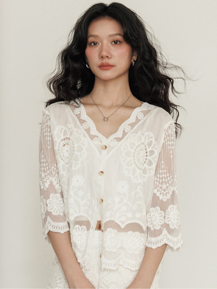 Sheer Floral Lace Cardigan Blouse