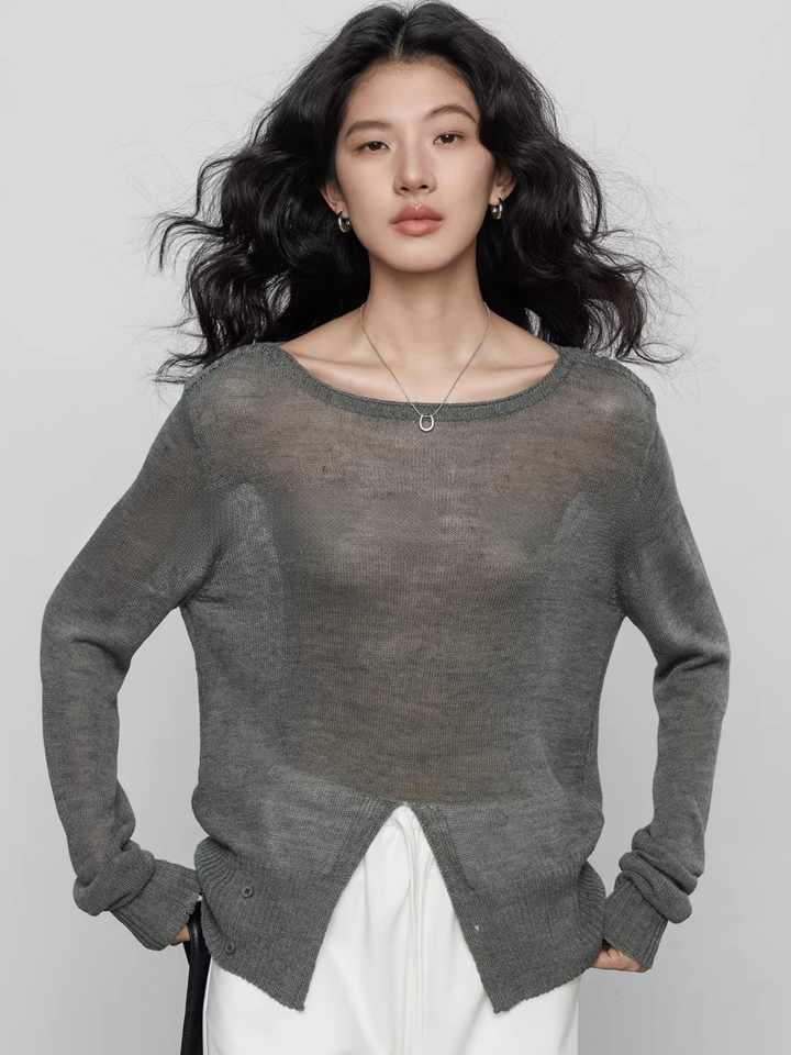 Front Slit Sheer Knit Top