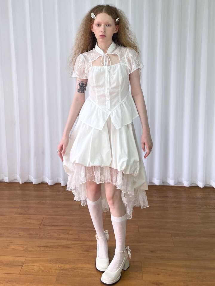 【Loose Smell】Lace Yoke Peplum Blouse