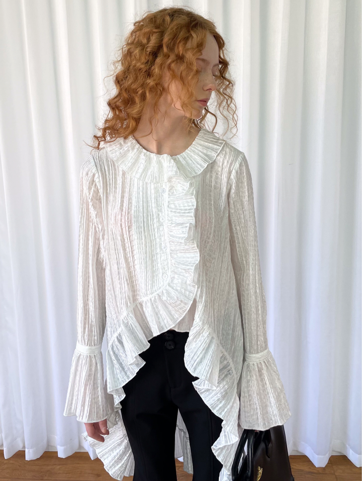 【Loose Smell】Pleated Ruffle Long Blouse