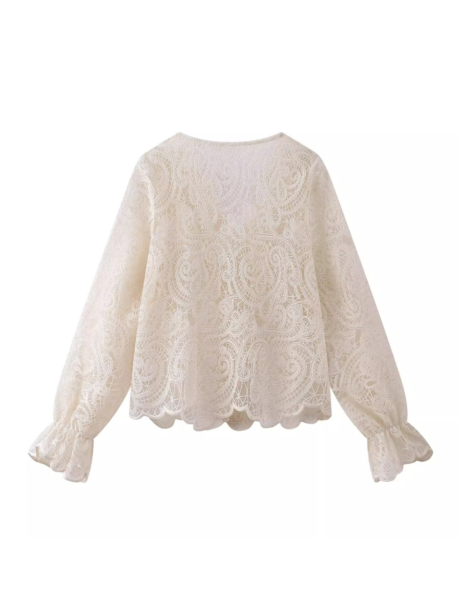 Scalloped V-Neck Lace Blouse