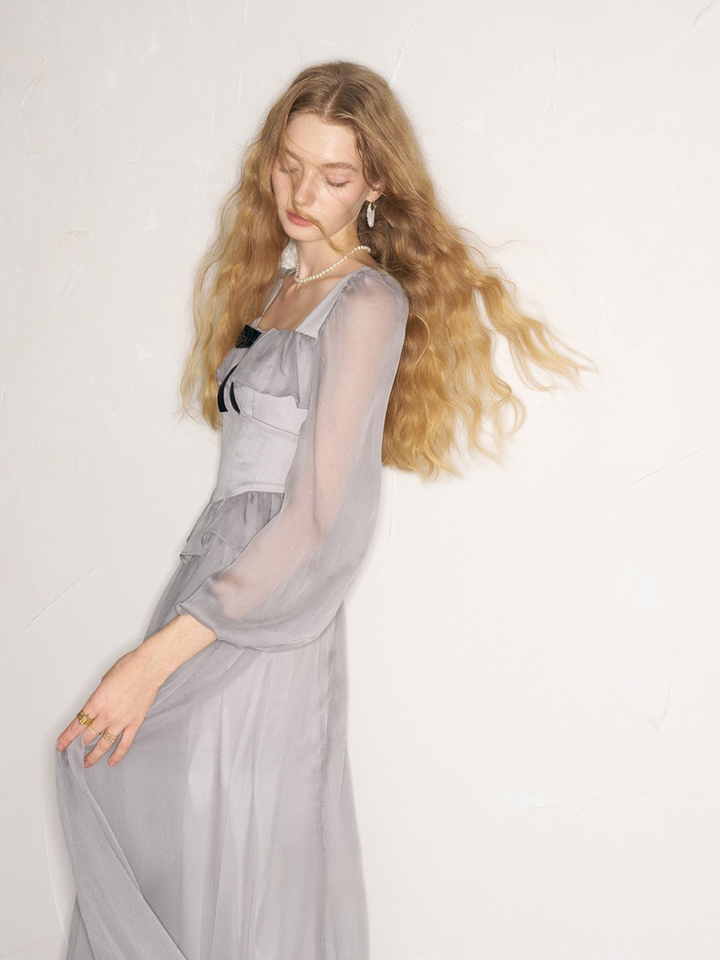Sheer Ribbon Frill Dress