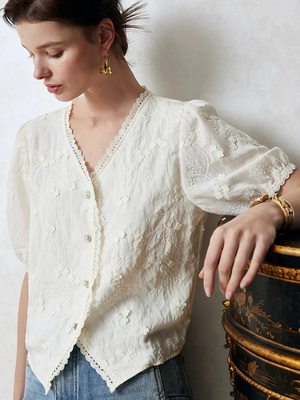 Embroidered Soft V-Neck Blouse