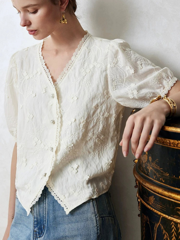 Embroidered Soft V-Neck Blouse