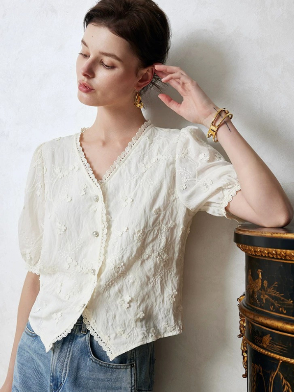 Embroidered Soft V-Neck Blouse