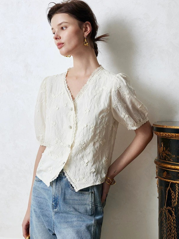 Embroidered Soft V-Neck Blouse