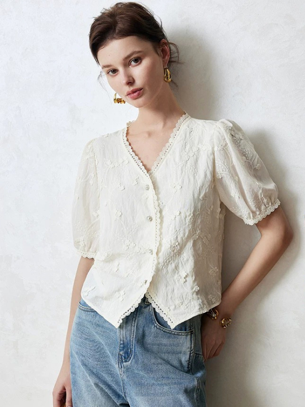 Embroidered Soft V-Neck Blouse