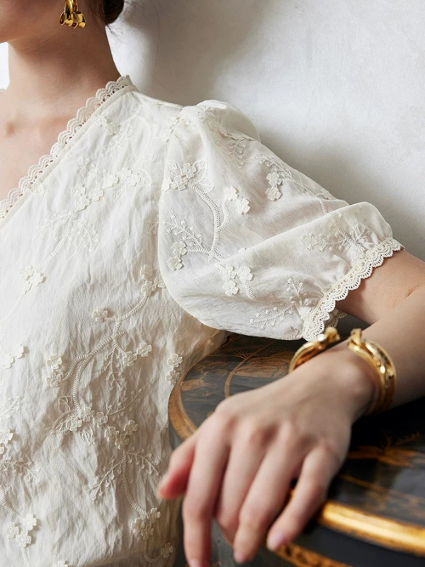 Embroidered Soft V-Neck Blouse