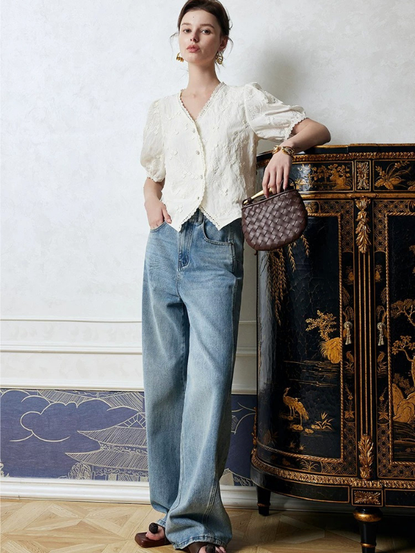 Embroidered Soft V-Neck Blouse