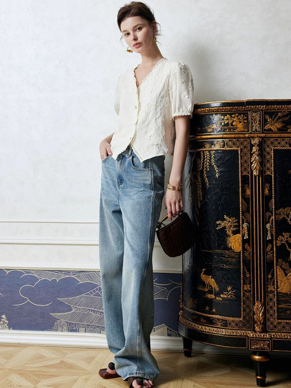 Embroidered Soft V-Neck Blouse