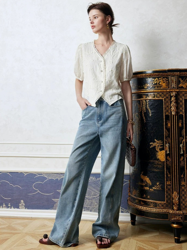 Embroidered Soft V-Neck Blouse