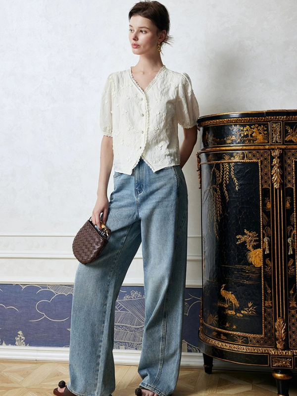 Embroidered Soft V-Neck Blouse