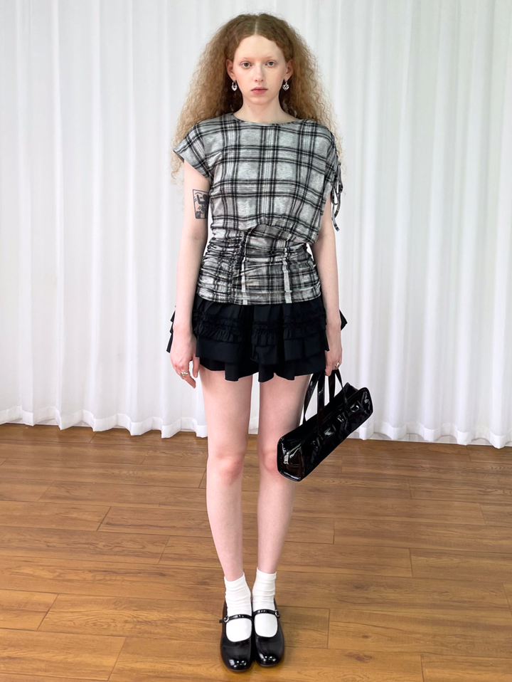 【Loose Smell】Drawstring Check Shirring Top