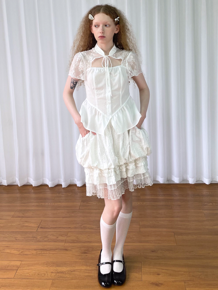 【Loose Smell】Lace Yoke Peplum Blouse