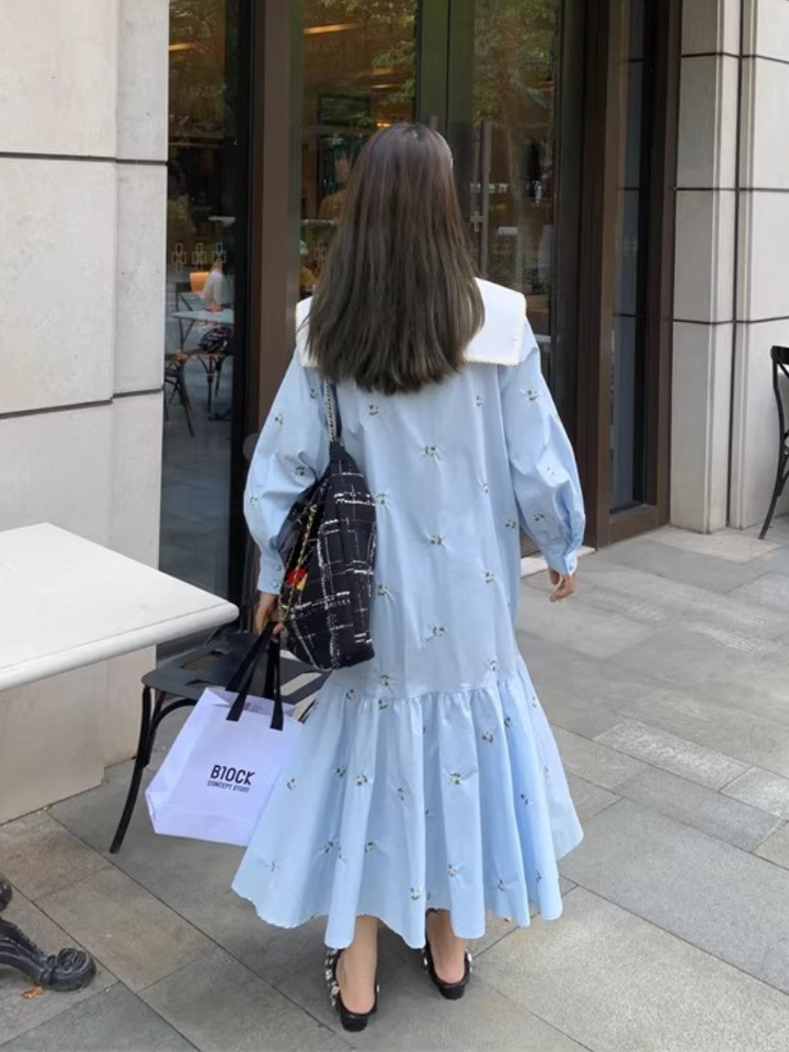 Embroidered Sailor Collar Shirt Dress